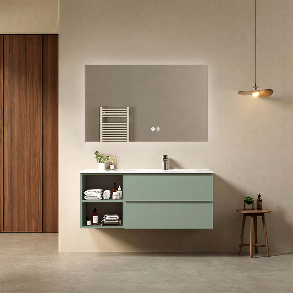 Mobile bagno sospeso 120 cm Verde Salvia Lavabo a Destra in Ceramica Specchio Quadro Retroilluminato - Fiji Paint Plus