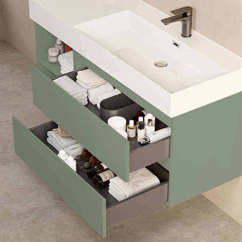 Mobile bagno sospeso 120 cm Verde Salvia Lavabo a Destra in Resina Senza Specchio - Fiji Paint Plus