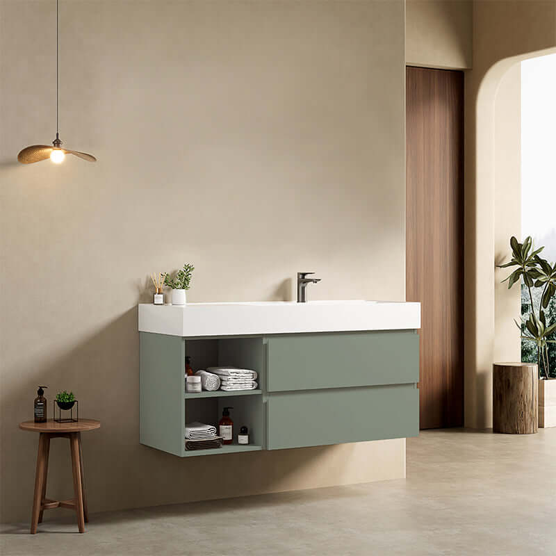Mobile bagno sospeso 120 cm Verde Salvia Lavabo a Destra in Resina Senza Specchio - Fiji Paint Plus