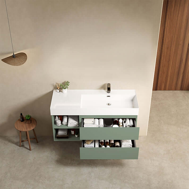 Mobile bagno sospeso 120 cm Verde Salvia Lavabo a Destra in Resina Senza Specchio - Fiji Paint Plus