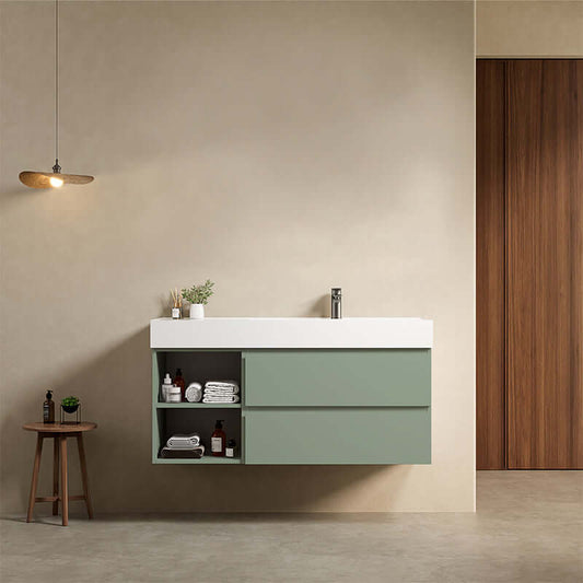 Mobile bagno sospeso 120 cm Verde Salvia Lavabo a Destra in Resina Senza Specchio - Fiji Paint Plus