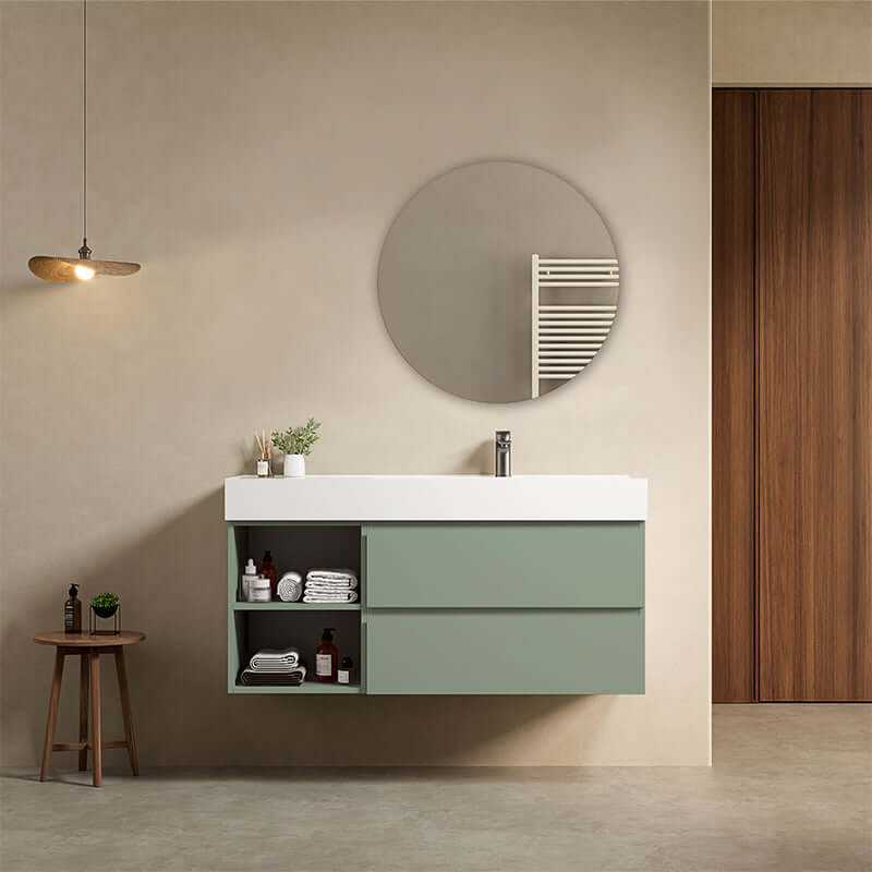 Mobile bagno sospeso 120 cm Verde Salvia Lavabo a Destra in Resina Specchio Tondo - Fiji Paint Plus