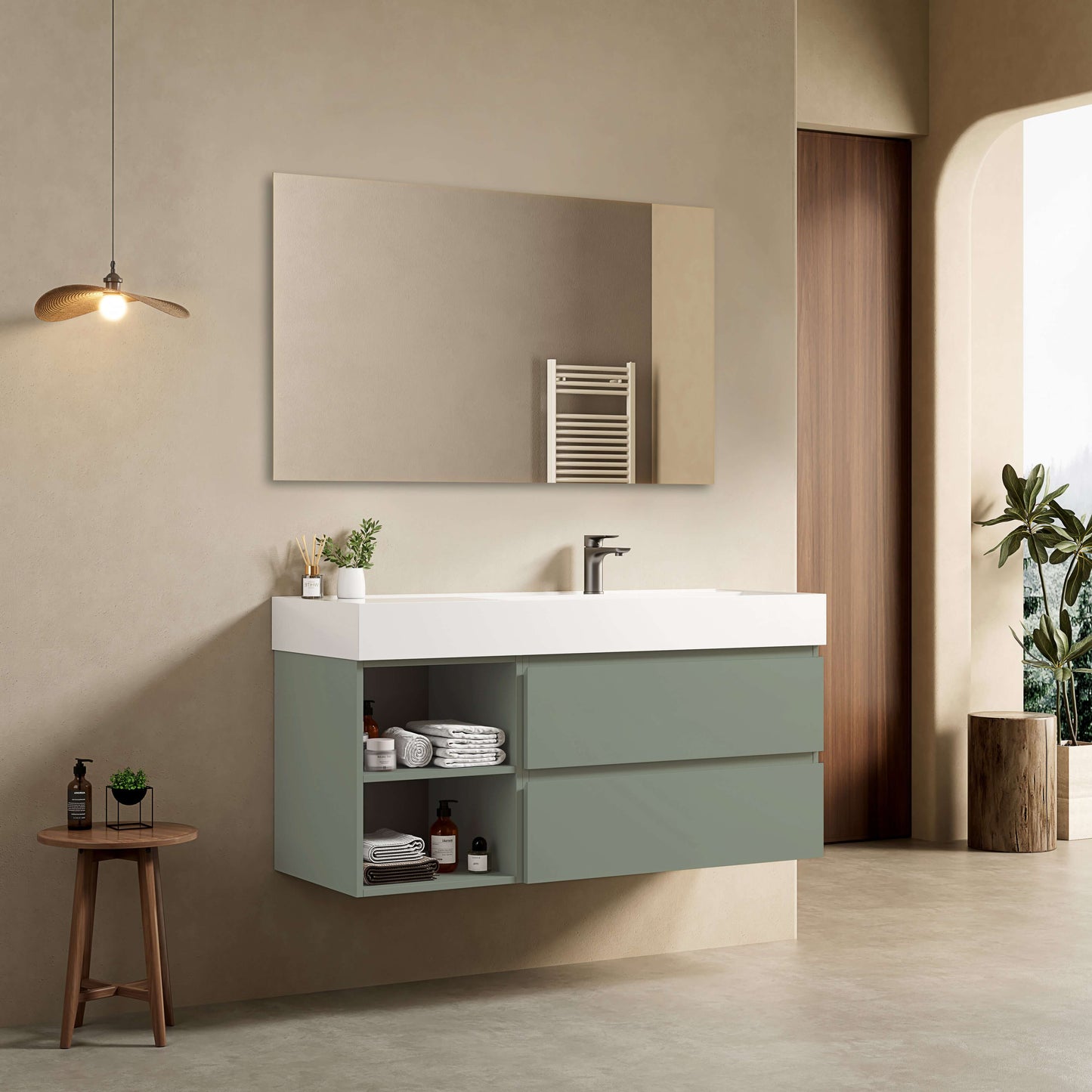 Mobile bagno sospeso 120 cm Verde Salvia Lavabo a Destra in Resina Specchio Quadro - Fiji Paint Plus