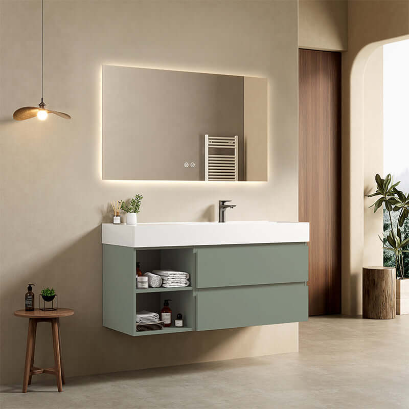Mobile bagno sospeso 120 cm Verde Salvia Lavabo a Destra in Resina Specchio Quadro Retroilluminato - Fiji Paint Plus