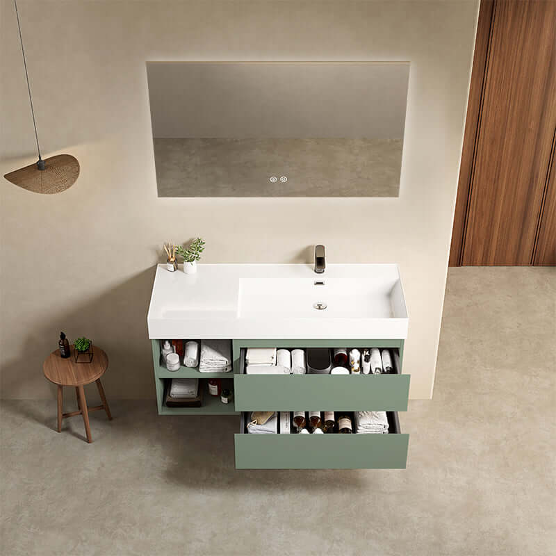Mobile bagno sospeso 120 cm Verde Salvia Lavabo a Destra in Resina Specchio Quadro Retroilluminato - Fiji Paint Plus