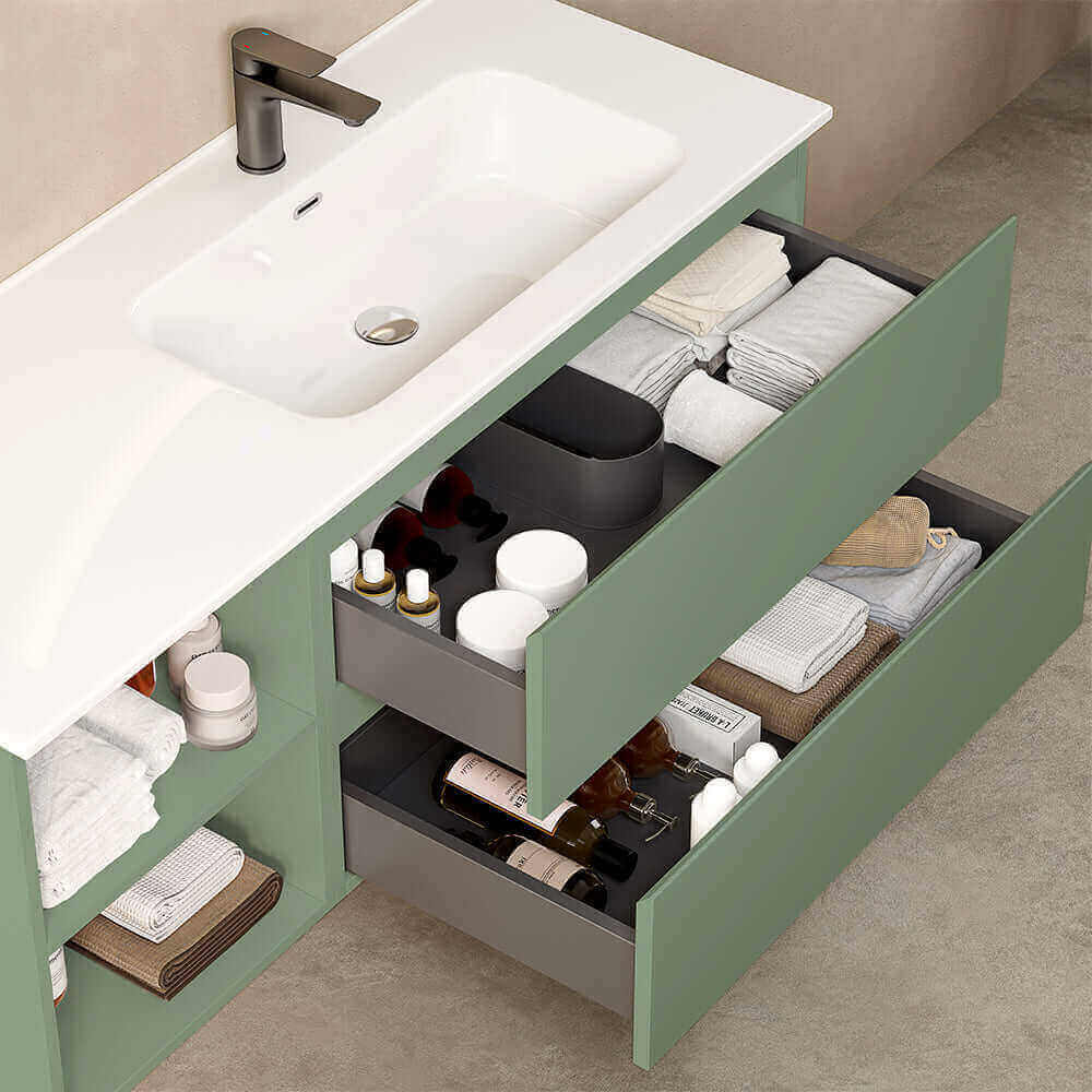 Mobile bagno sospeso 120 cm Verde Salvia Lavabo a Destra in Ceramica Specchio Quadro - Fiji Paint Plus