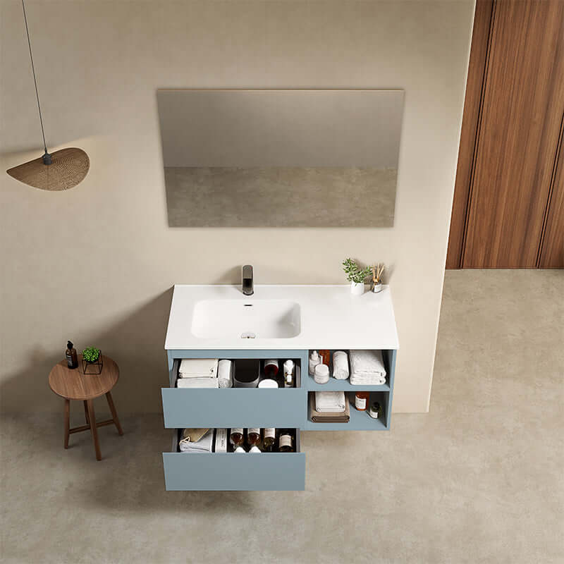 Mobile bagno sospeso 100 cm Blu Avio Lavabo a Sinistra in Ceramica Specchio Quadro - Fiji Paint Plus