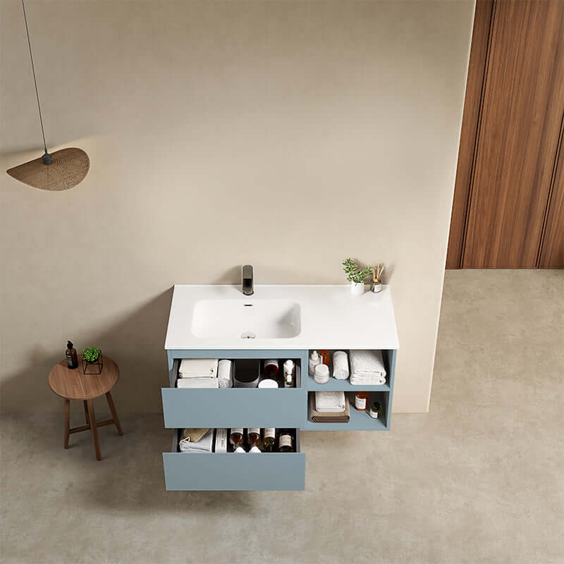 Mobile bagno sospeso 100 cm Blu Avio Lavabo a Sinistra in Ceramica Senza Specchio - Fiji Paint Plus