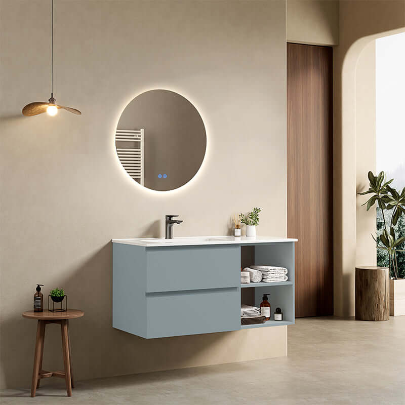 Mobile bagno sospeso 100 cm Blu Avio Lavabo a Sinistra in Ceramica Specchio Tondo Retroilluminato - Fiji Paint Plus