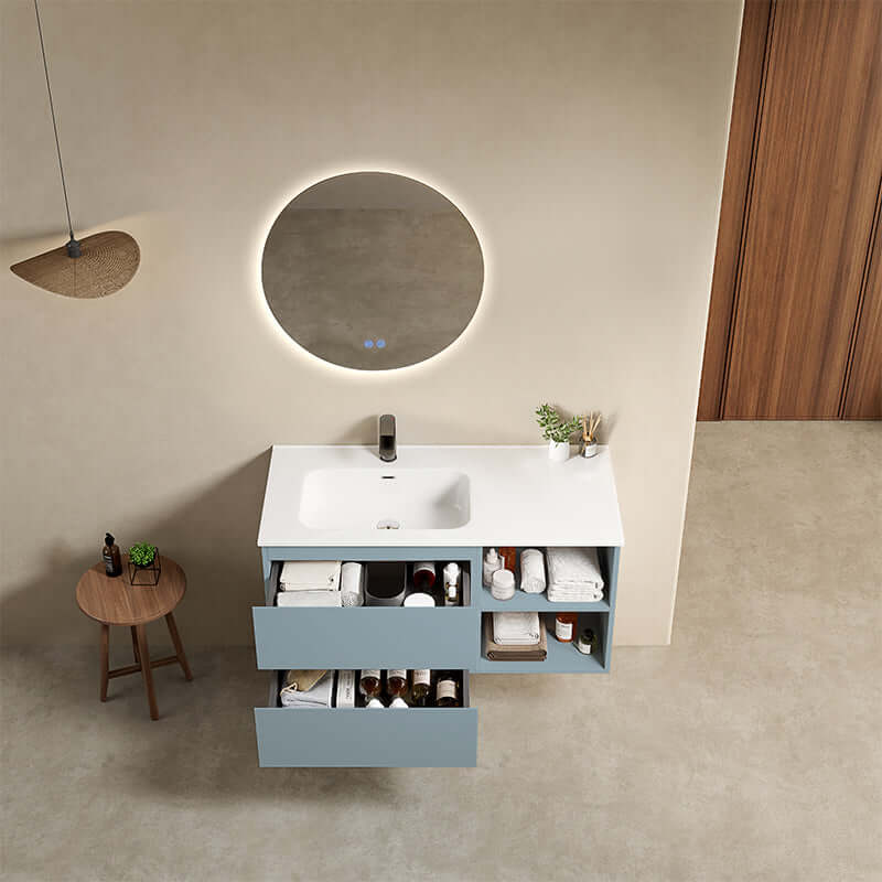 Mobile bagno sospeso 100 cm Blu Avio Lavabo a Sinistra in Ceramica Specchio Tondo Retroilluminato - Fiji Paint Plus