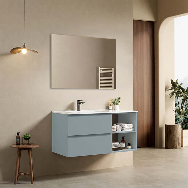 Mobile bagno sospeso 100 cm Blu Avio Lavabo a Sinistra in Ceramica Specchio Quadro - Fiji Paint Plus