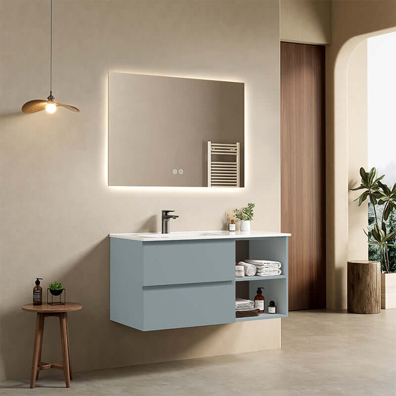 Mobile bagno sospeso 100 cm Blu Avio Lavabo a Sinistra in Ceramica Specchio Quadro Retroilluminato - Fiji Paint Plus