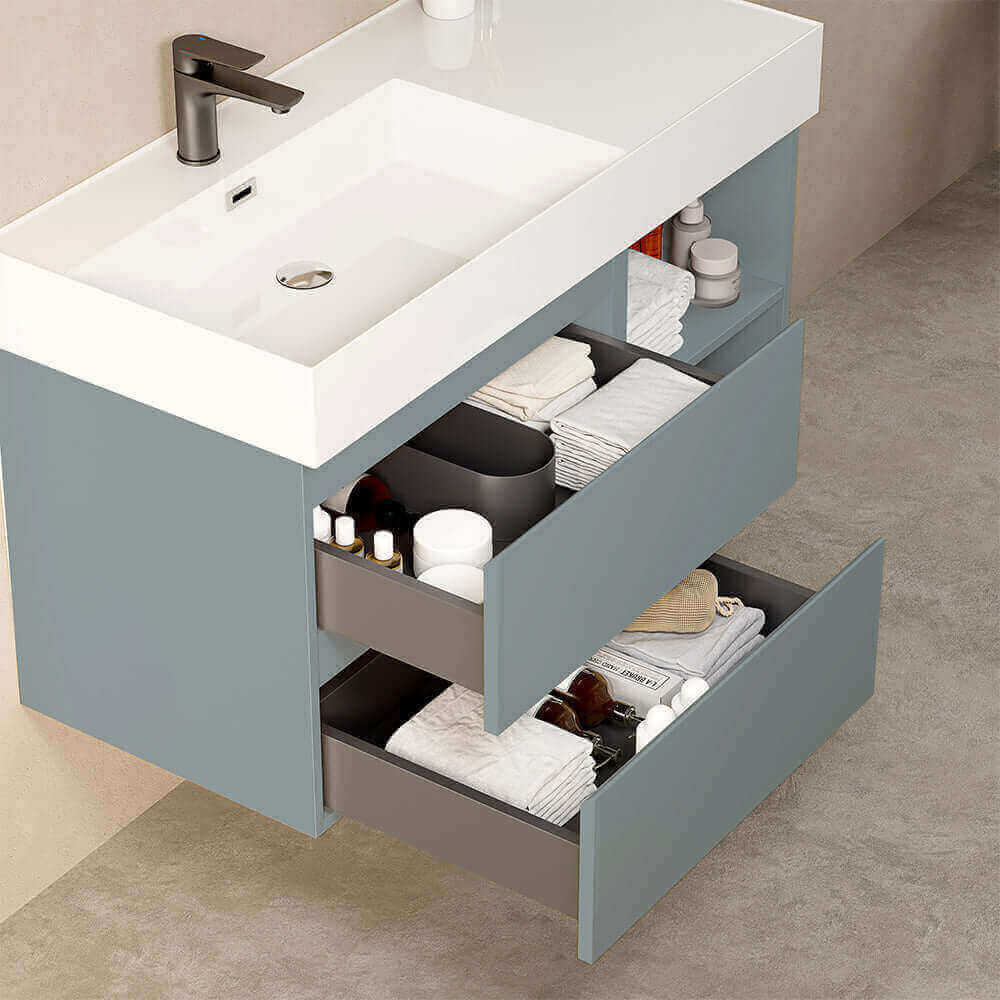 Mobile bagno sospeso 100 cm Blu Avio Lavabo a Sinistra in Resina Specchio Tondo Retroilluminato - Fiji Paint Plus