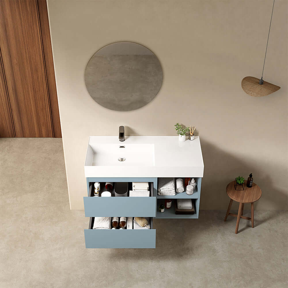 Mobile bagno sospeso 100 cm Blu Avio Lavabo a Sinistra in Resina Specchio Tondo - Fiji Paint Plus