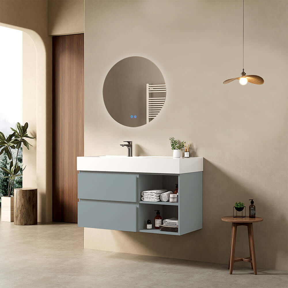 Mobile bagno sospeso 100 cm Blu Avio Lavabo a Sinistra in Resina Specchio Tondo Retroilluminato - Fiji Paint Plus
