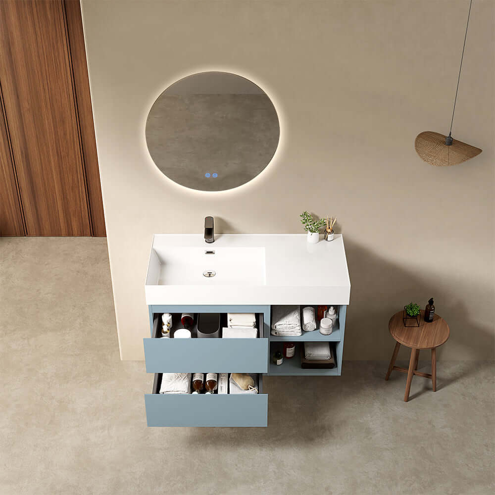 Mobile bagno sospeso 100 cm Blu Avio Lavabo a Sinistra in Resina Specchio Tondo Retroilluminato - Fiji Paint Plus