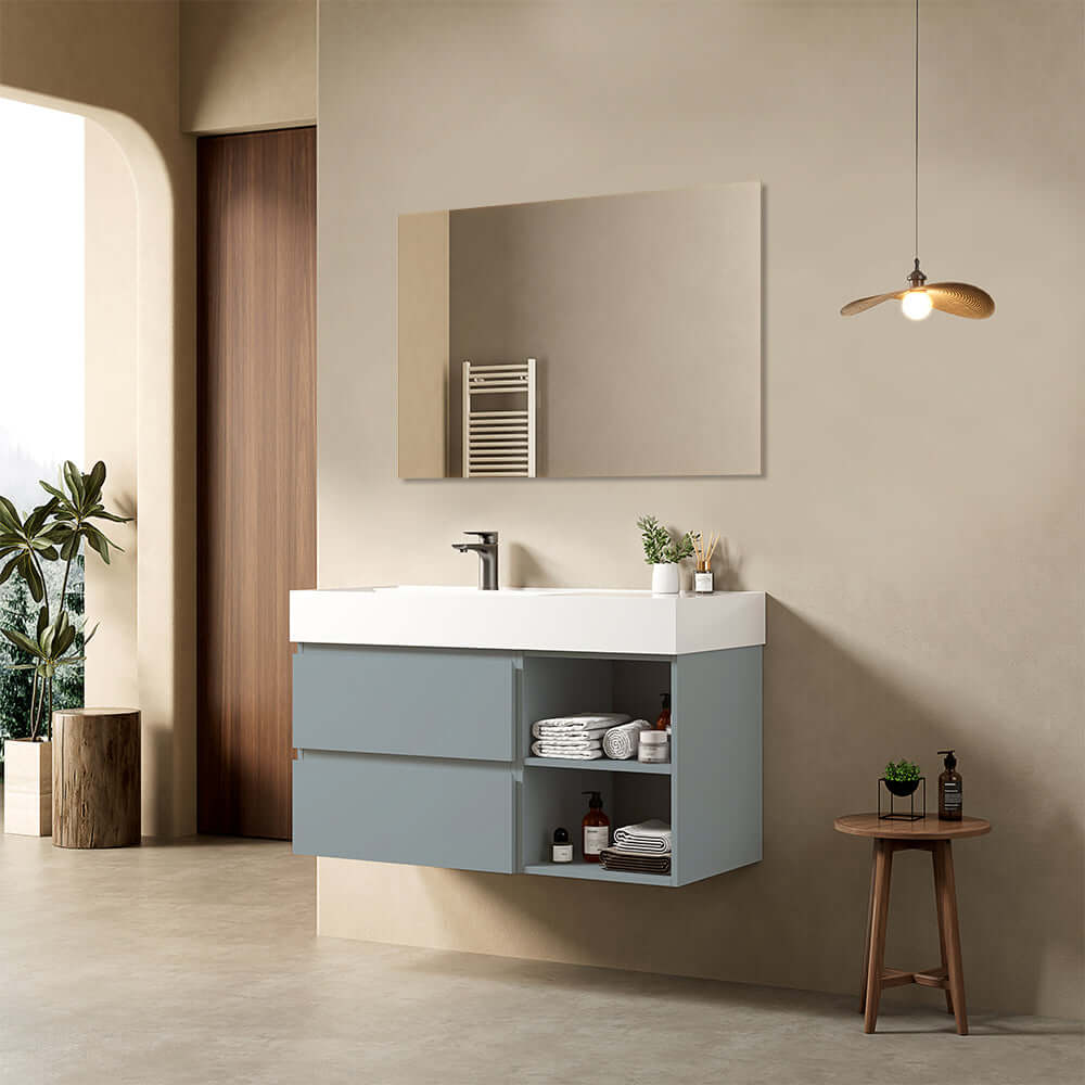 Mobile bagno sospeso 100 cm Blu Avio Lavabo a Sinistra in Resina Specchio Quadro - Fiji Paint Plus