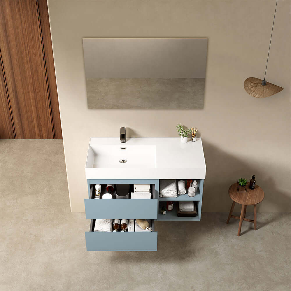 Mobile bagno sospeso 100 cm Blu Avio Lavabo a Sinistra in Resina Specchio Quadro - Fiji Paint Plus