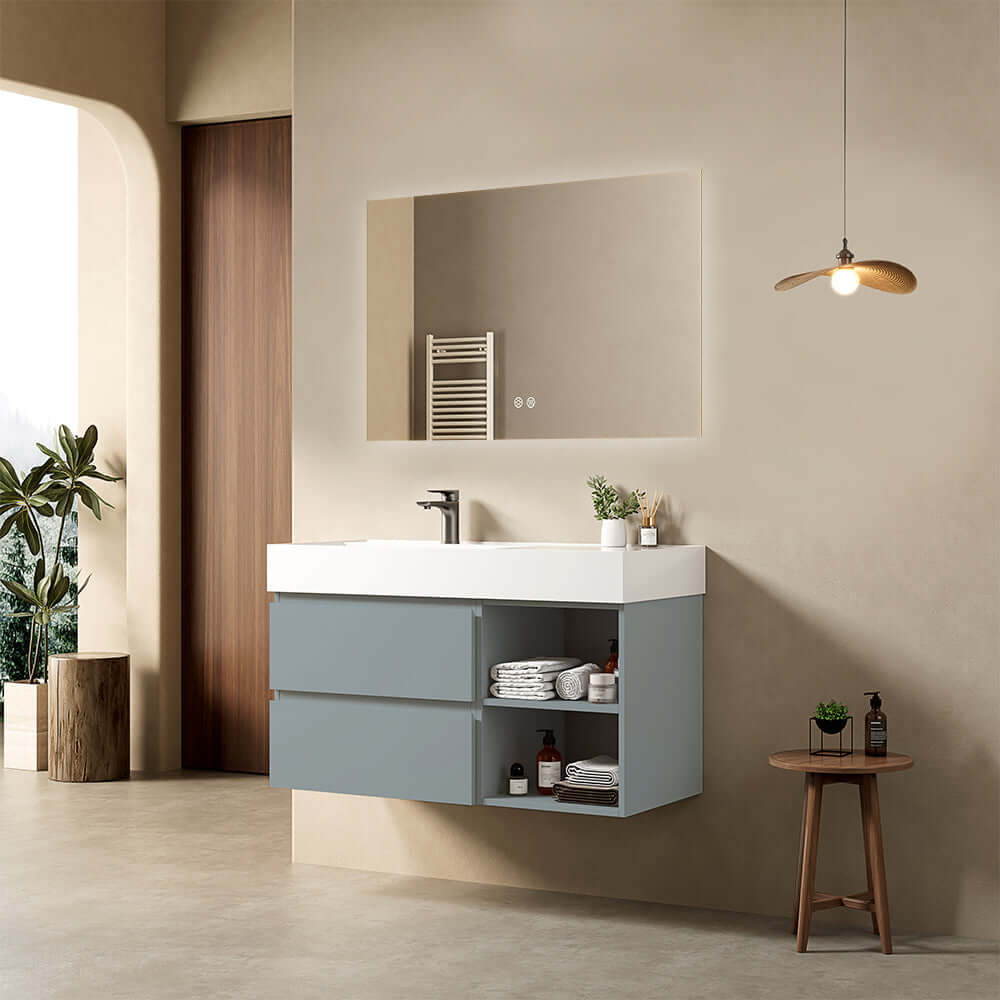 Mobile bagno sospeso 100 cm Blu Avio Lavabo a Sinistra in Resina Specchio Quadro Retroilluminato - Fiji Paint Plus