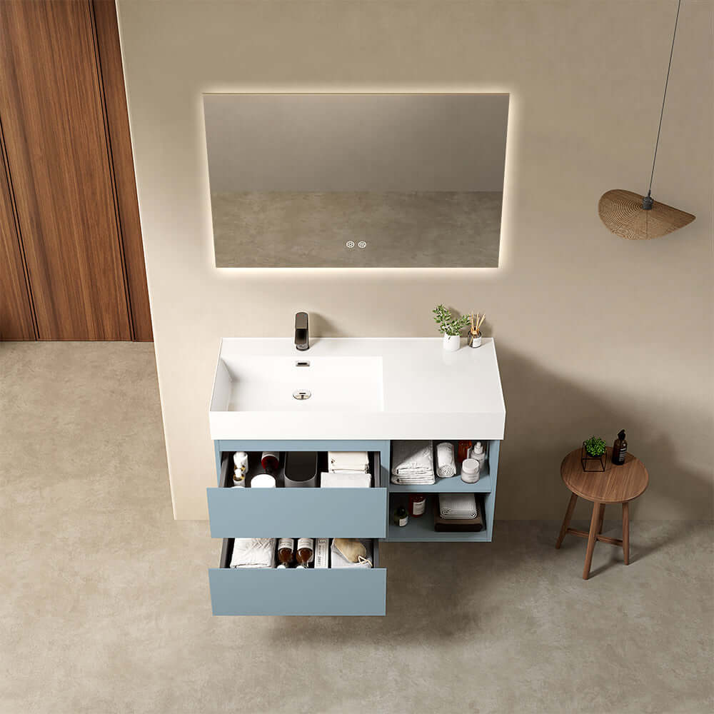Mobile bagno sospeso 100 cm Blu Avio Lavabo a Sinistra in Resina Specchio Quadro Retroilluminato - Fiji Paint Plus