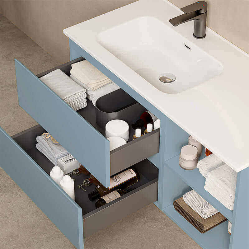 Mobile bagno sospeso 100 cm Blu Avio Lavabo a Sinistra in Ceramica Specchio Quadro Retroilluminato - Fiji Paint Plus