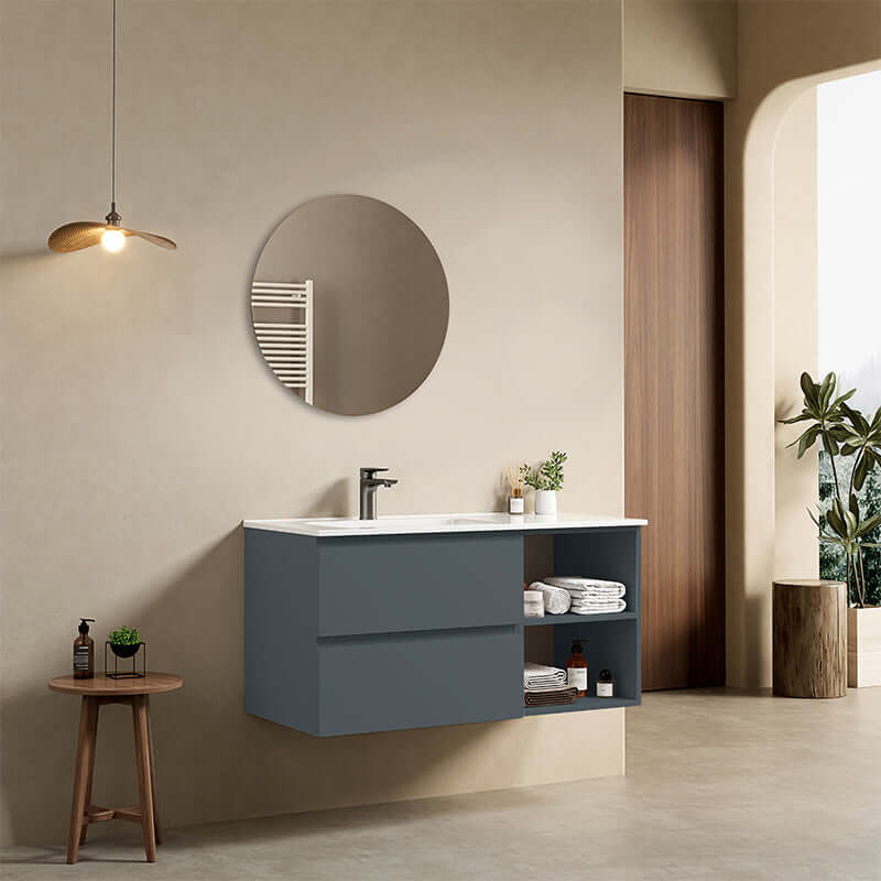 Mobile bagno sospeso 100 cm Blu Mare Lavabo a Sinistra in Ceramica Specchio Tondo - Fiji Paint Plus