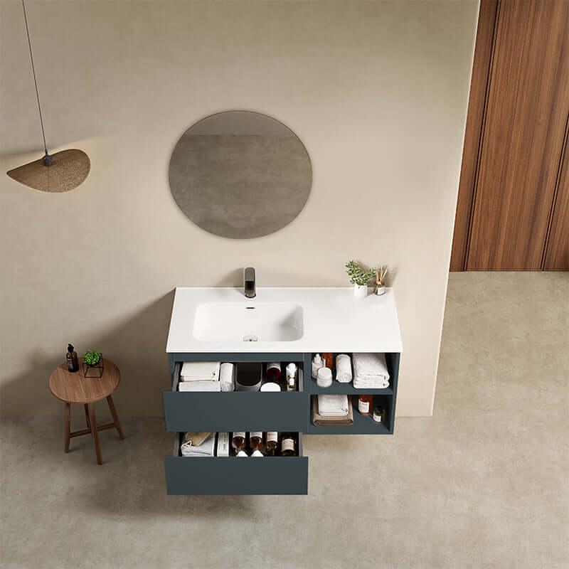 Mobile bagno sospeso 100 cm Blu Mare Lavabo a Sinistra in Ceramica Specchio Tondo - Fiji Paint Plus