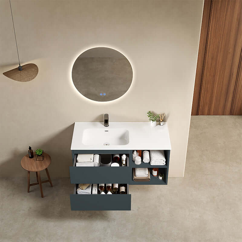 Mobile bagno sospeso 100 cm Blu Mare Lavabo a Sinistra in Ceramica Specchio Tondo Retroilluminato - Fiji Paint Plus
