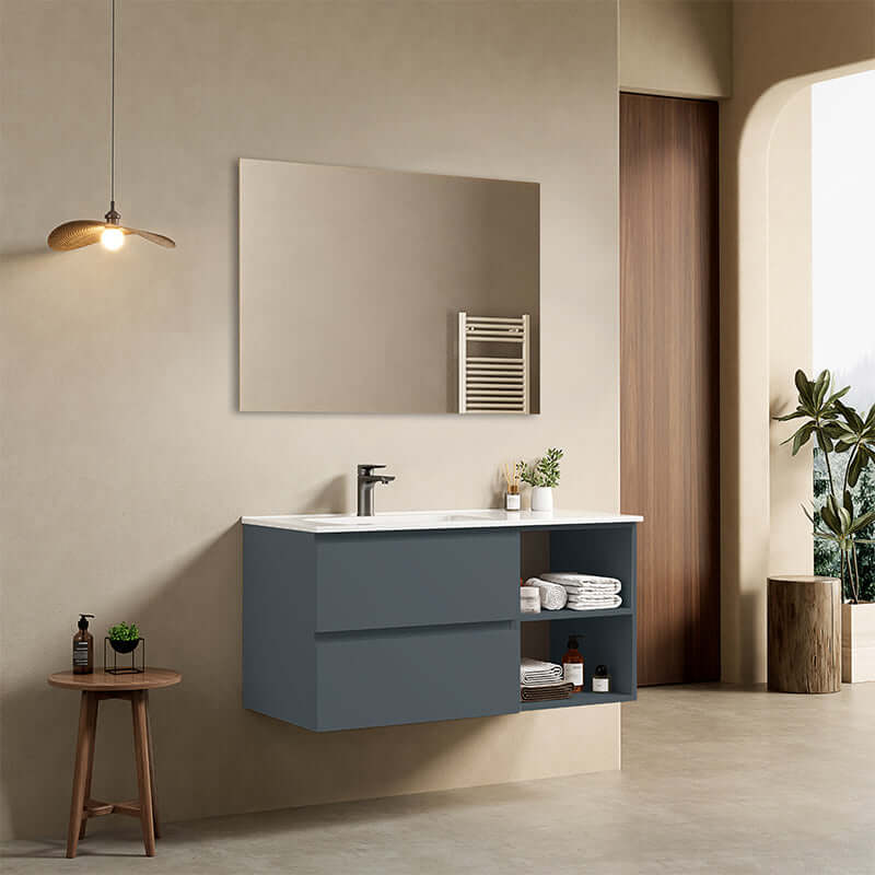 Mobile bagno sospeso 100 cm Blu Mare Lavabo a Sinistra in Ceramica Specchio Quadro - Fiji Paint Plus