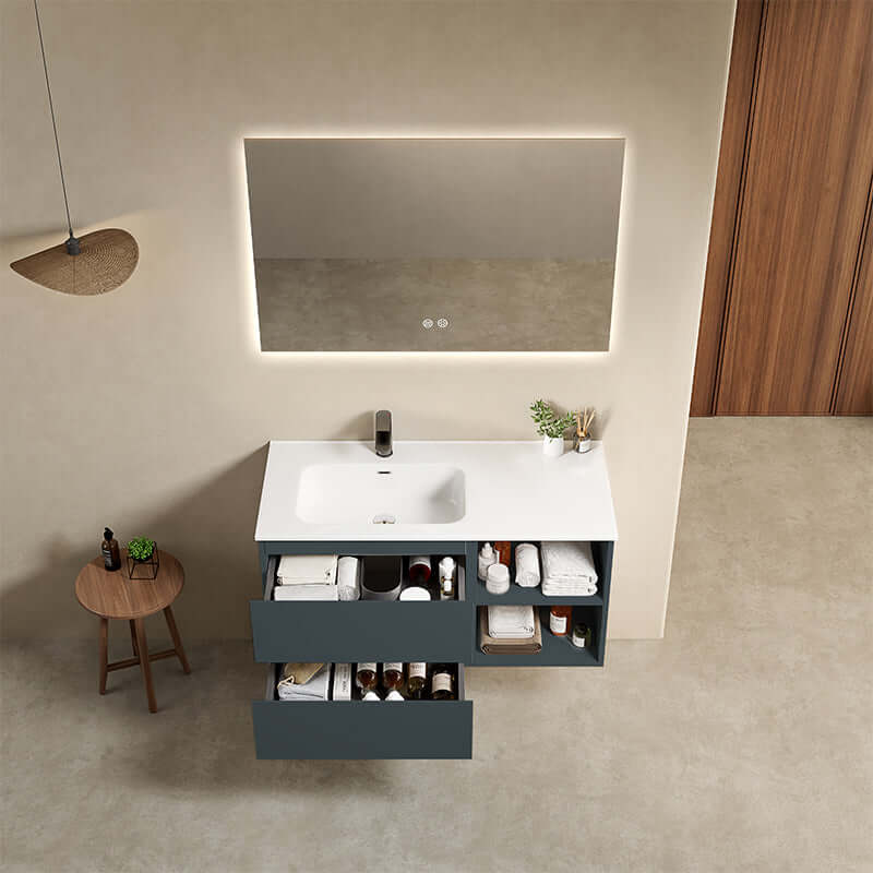 Mobile bagno sospeso 100 cm Blu Mare Lavabo a Sinistra in Ceramica Specchio Quadro Retroilluminato - Fiji Paint Plus