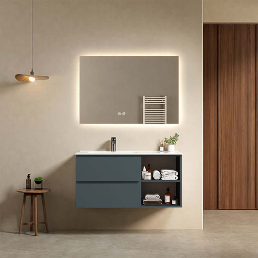 Mobile bagno sospeso 100 cm Blu Mare Lavabo a Sinistra in Ceramica Specchio Quadro Retroilluminato - Fiji Paint Plus