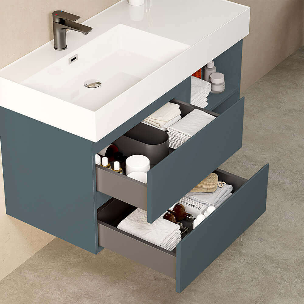 Mobile bagno sospeso 100 cm Blu Mare Lavabo a Sinistra in Resina Specchio Quadro Retroilluminato - Fiji Paint Plus