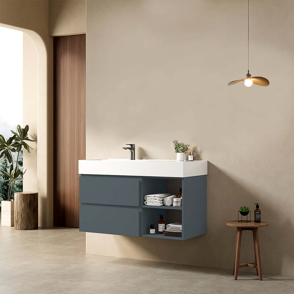 Mobile bagno sospeso 100 cm Blu Mare Lavabo a Sinistra in Resina Senza Specchio - Fiji Paint Plus