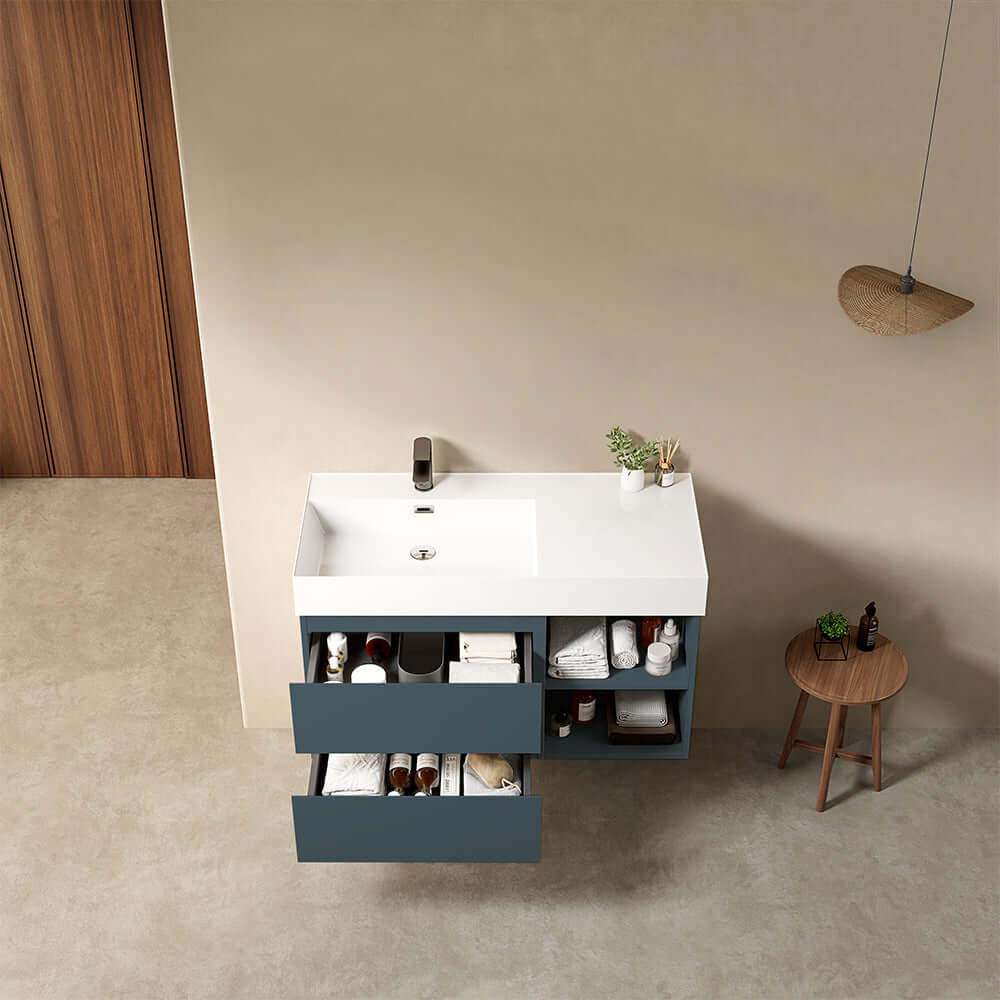 Mobile bagno sospeso 100 cm Blu Mare Lavabo a Sinistra in Resina Senza Specchio - Fiji Paint Plus
