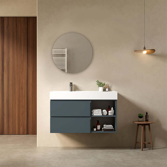 Mobile bagno sospeso 100 cm Blu Mare Lavabo a Sinistra in Resina Specchio Tondo - Fiji Paint Plus