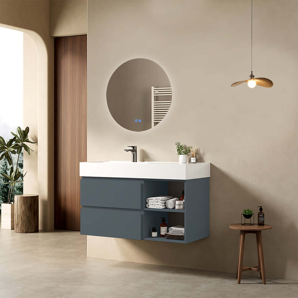 Mobile bagno sospeso 100 cm Blu Mare Lavabo a Sinistra in Resina Specchio Tondo Retroilluminato - Fiji Paint Plus