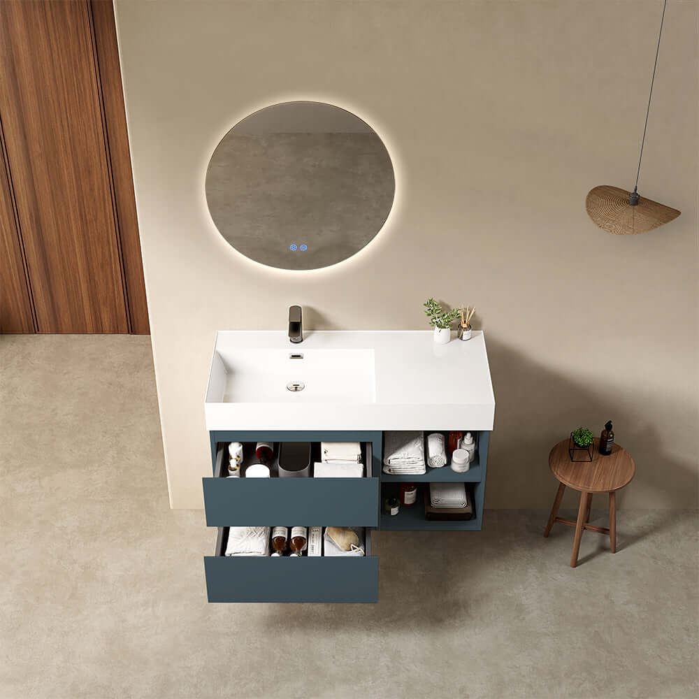 Mobile bagno sospeso 100 cm Blu Mare Lavabo a Sinistra in Resina Specchio Tondo Retroilluminato - Fiji Paint Plus