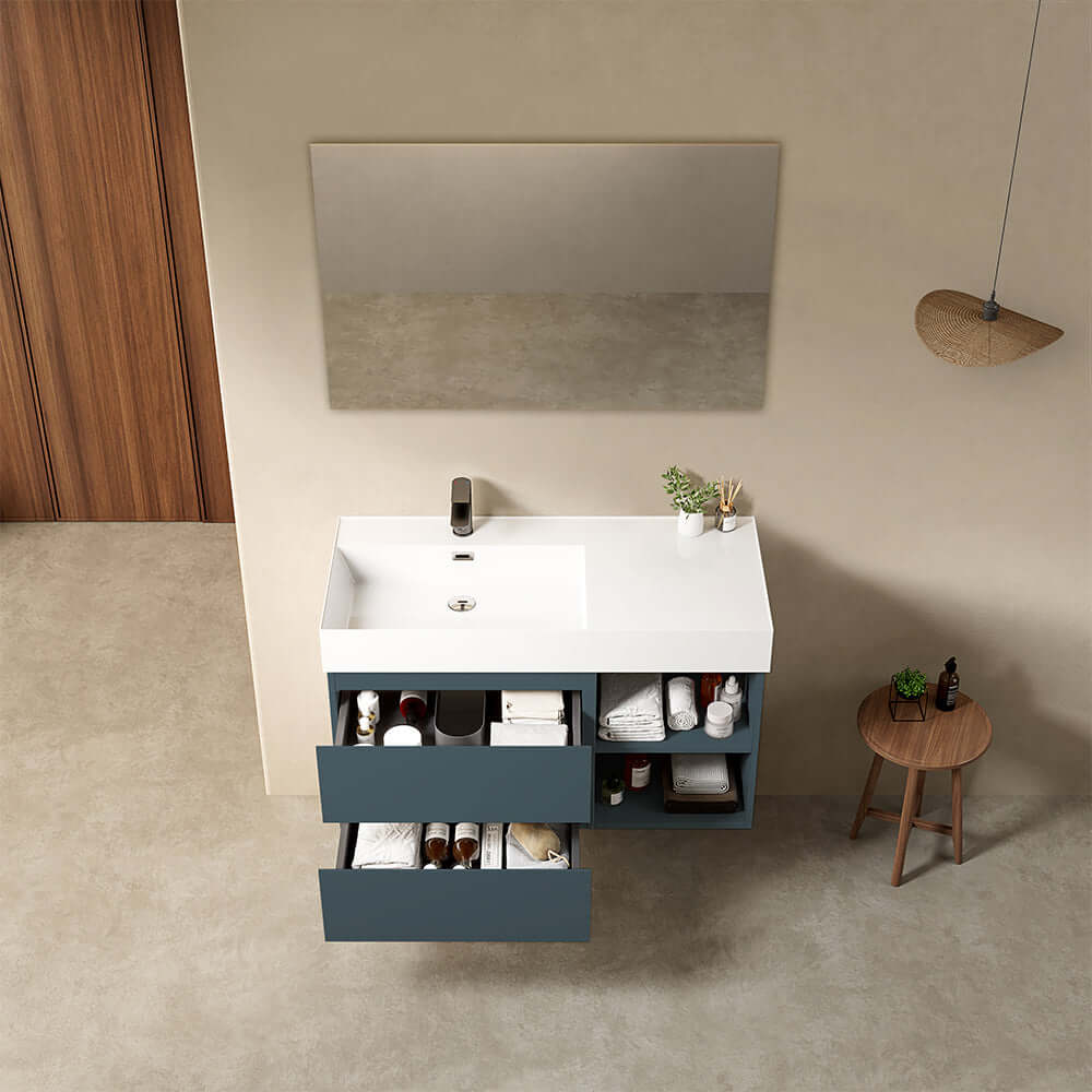 Mobile bagno sospeso 100 cm Blu Mare Lavabo a Sinistra in Resina Specchio Quadro - Fiji Paint Plus