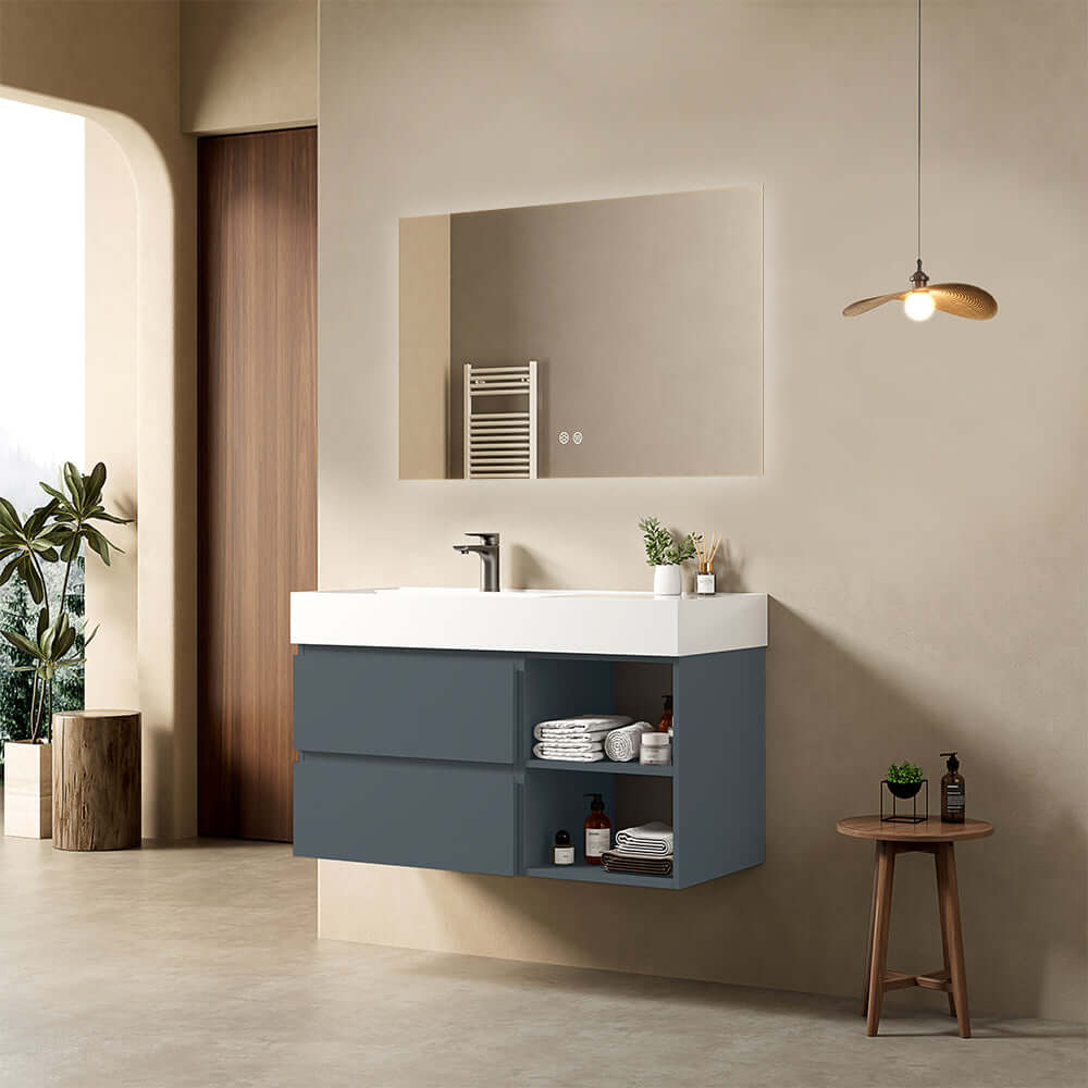 Mobile bagno sospeso 100 cm Blu Mare Lavabo a Sinistra in Resina Specchio Quadro Retroilluminato - Fiji Paint Plus