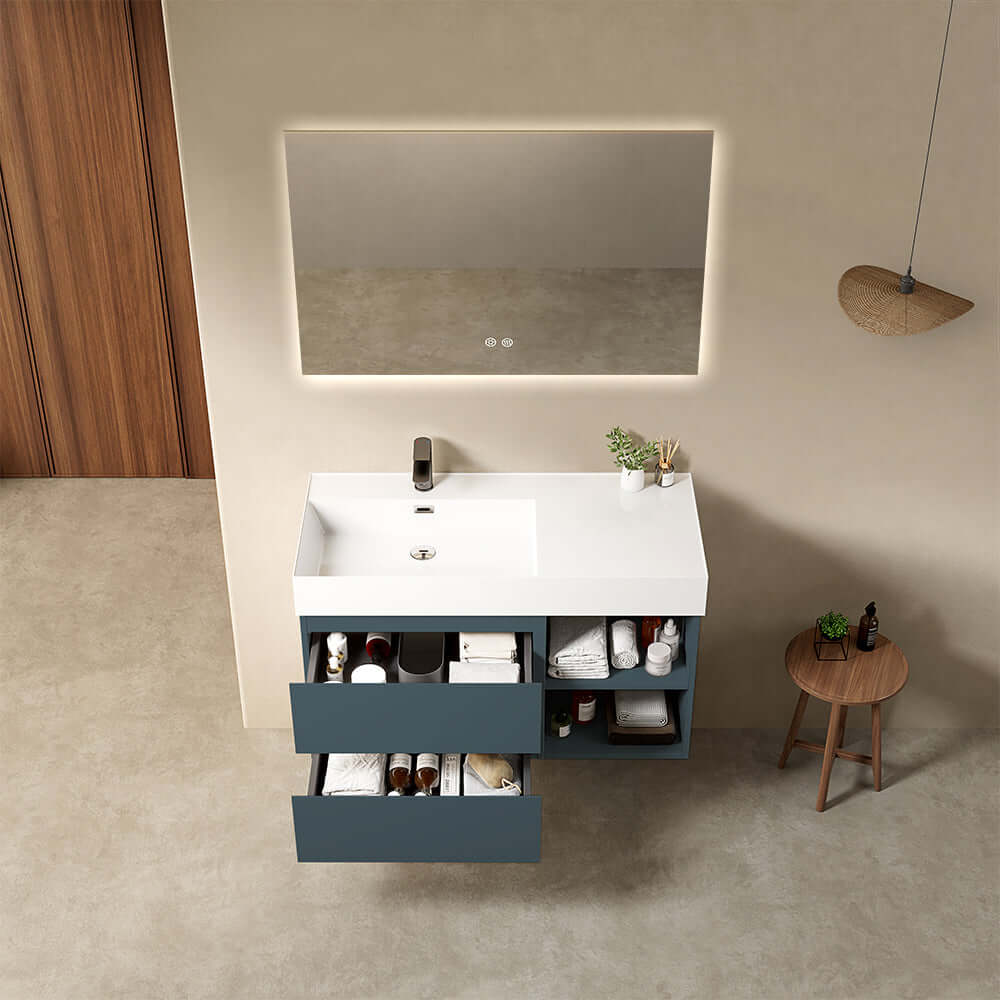 Mobile bagno sospeso 100 cm Blu Mare Lavabo a Sinistra in Resina Specchio Quadro Retroilluminato - Fiji Paint Plus