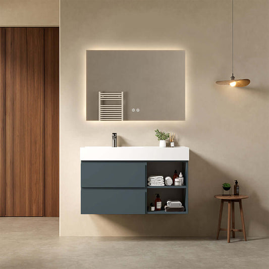 Mobile bagno sospeso 100 cm Blu Mare Lavabo a Sinistra in Resina Specchio Quadro Retroilluminato - Fiji Paint Plus