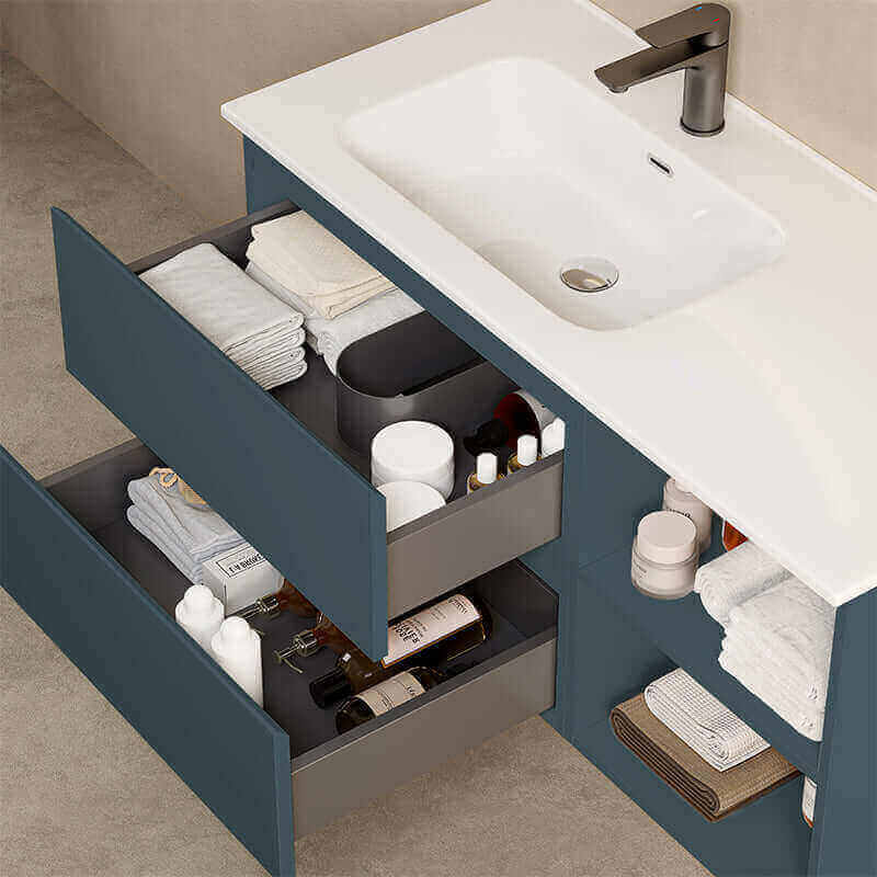 Mobile bagno sospeso 100 cm Blu Mare Lavabo a Sinistra in Ceramica Specchio Tondo Retroilluminato - Fiji Paint Plus