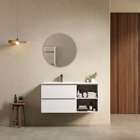 Mobile bagno sospeso 100 cm Bianco Lavabo a Sinistra in Ceramica Specchio Tondo - Fiji Paint Plus
