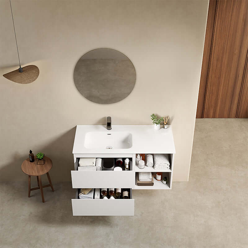 Mobile bagno sospeso 100 cm Bianco Lavabo a Sinistra in Ceramica Specchio Tondo - Fiji Paint Plus