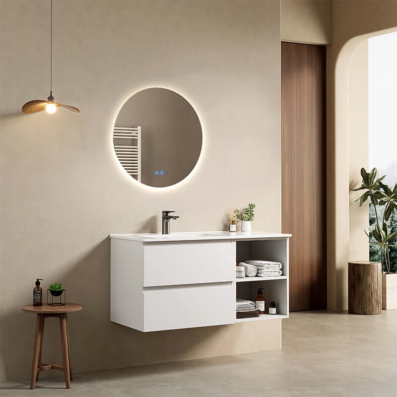 Mobile bagno sospeso 100 cm Bianco Lavabo a Sinistra in Ceramica Specchio Tondo Retroilluminato - Fiji Paint Plus