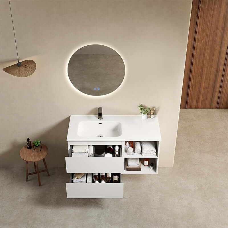 Mobile bagno sospeso 100 cm Bianco Lavabo a Sinistra in Ceramica Specchio Tondo Retroilluminato - Fiji Paint Plus
