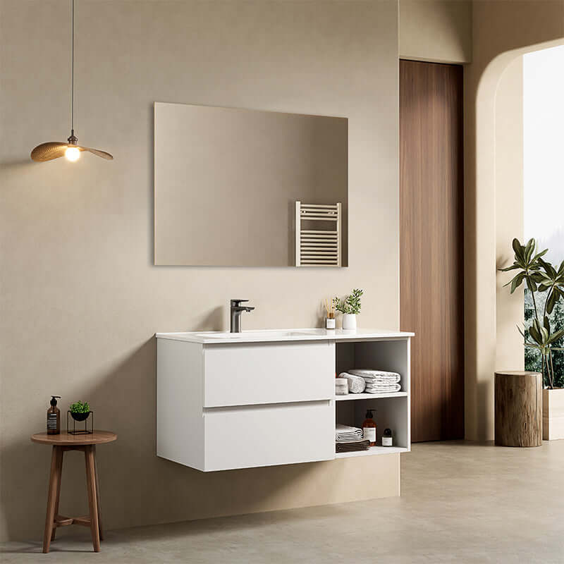 Mobile bagno sospeso 100 cm Bianco Lavabo a Sinistra in Ceramica Specchio Quadro - Fiji Paint Plus