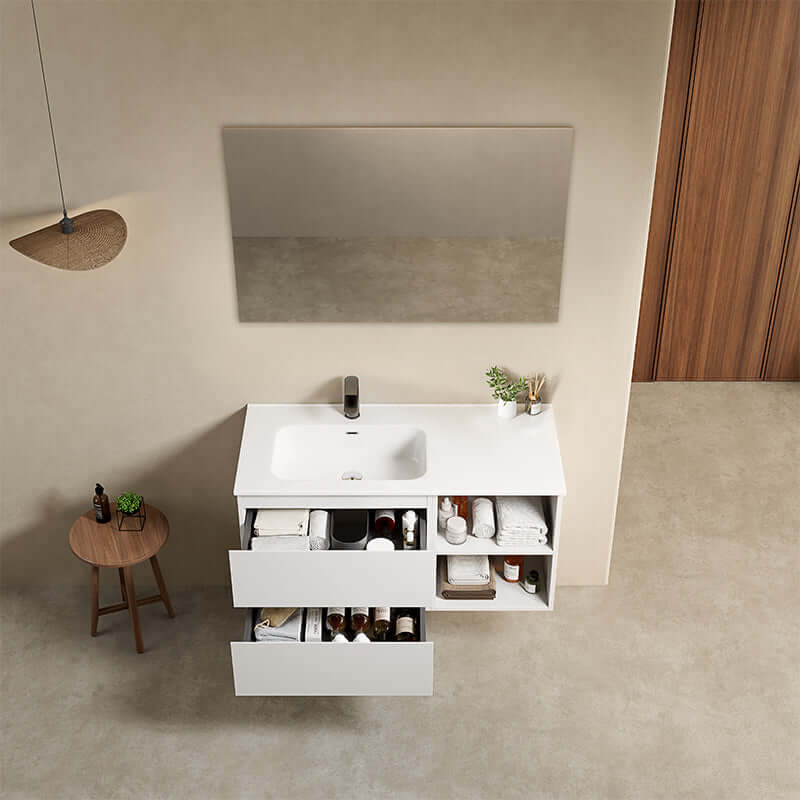 Mobile bagno sospeso 100 cm Bianco Lavabo a Sinistra in Ceramica Specchio Quadro - Fiji Paint Plus