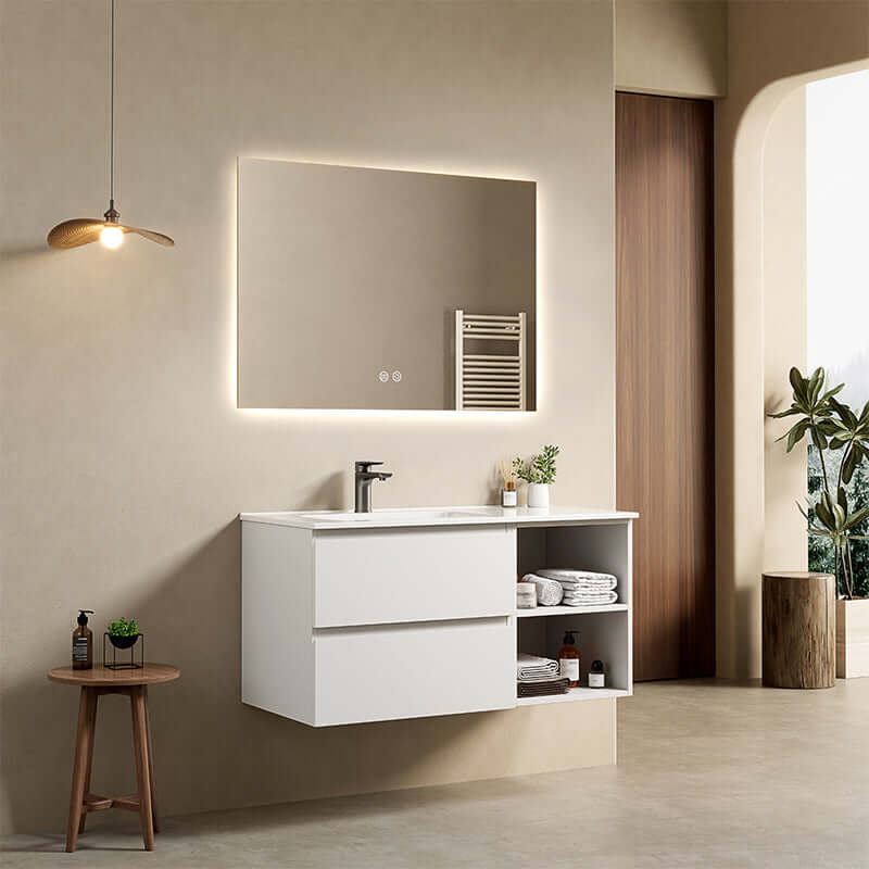 Mobile bagno sospeso 100 cm Bianco Lavabo a Sinistra in Ceramica Specchio Quadro Retroilluminato - Fiji Paint Plus
