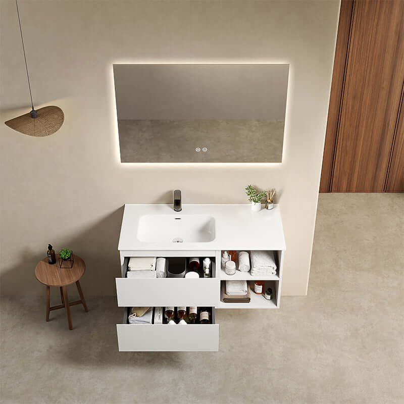 Mobile bagno sospeso 100 cm Bianco Lavabo a Sinistra in Ceramica Specchio Quadro Retroilluminato - Fiji Paint Plus